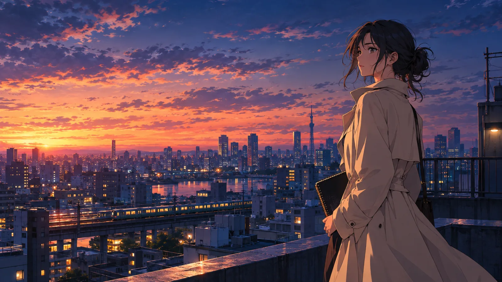 An original anime-style illustration of a young adult on a Tokyo rooftop at dusk, with a warm city skyline and cool blue shadows.