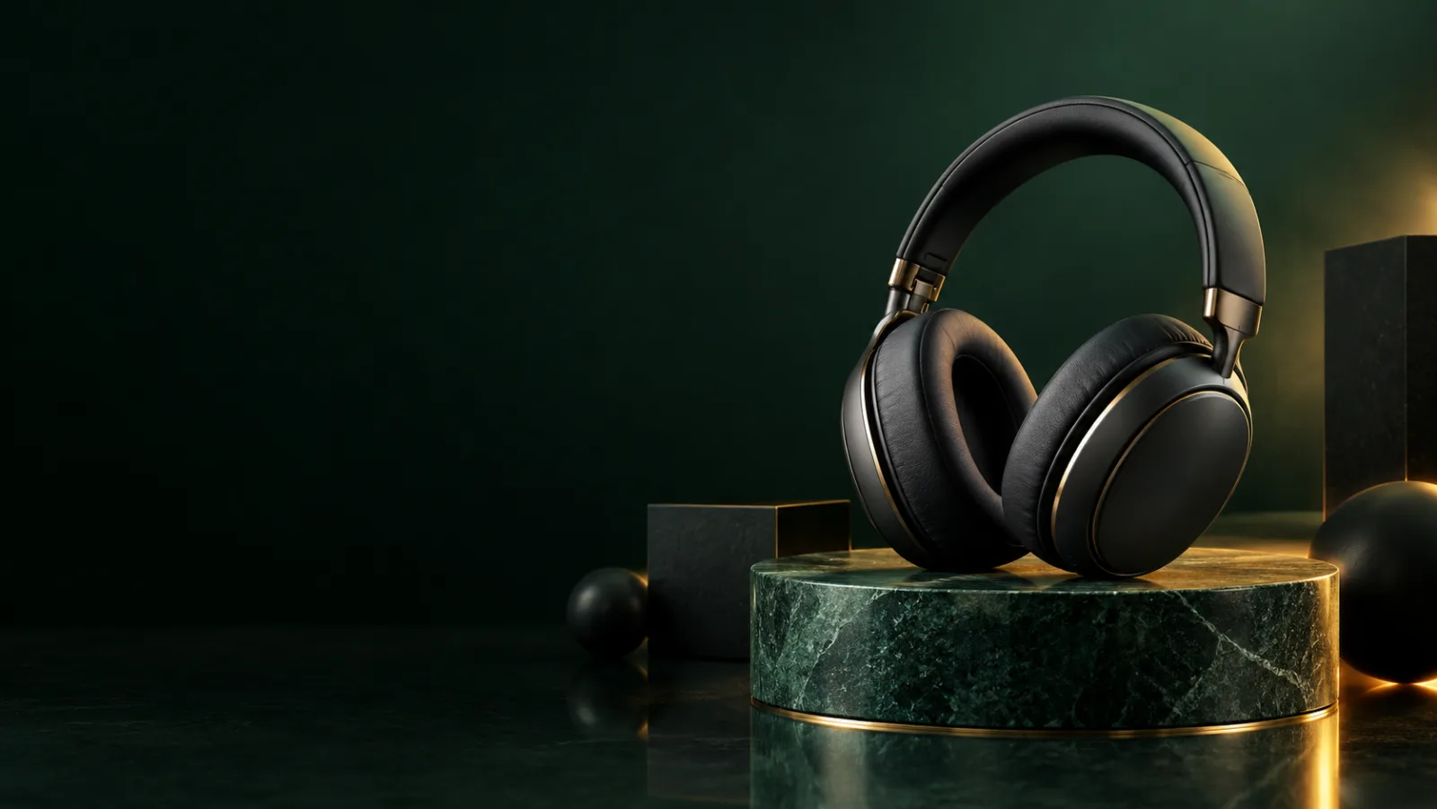 Premium unbranded wireless headphones on a dark emerald pedestal with a warm gold rim light.