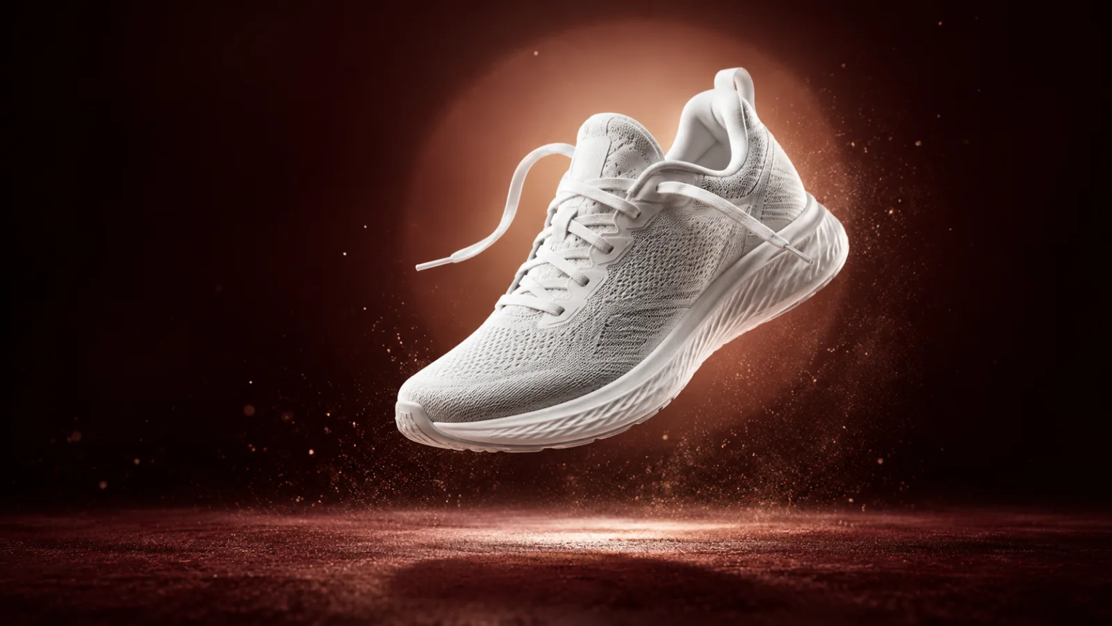 An unbranded white sneaker suspended above a dark burgundy stage under a warm spotlight, with fine dust particles.