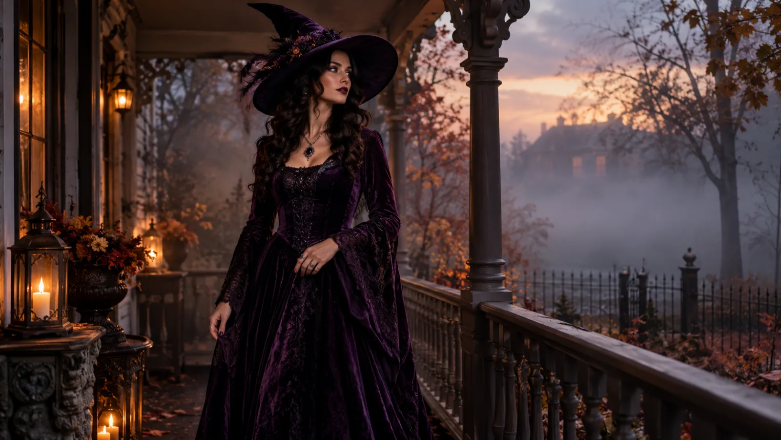A woman in an original violet gothic witch costume standing on a foggy Victorian porch at dusk, generated with GPT Image 2.