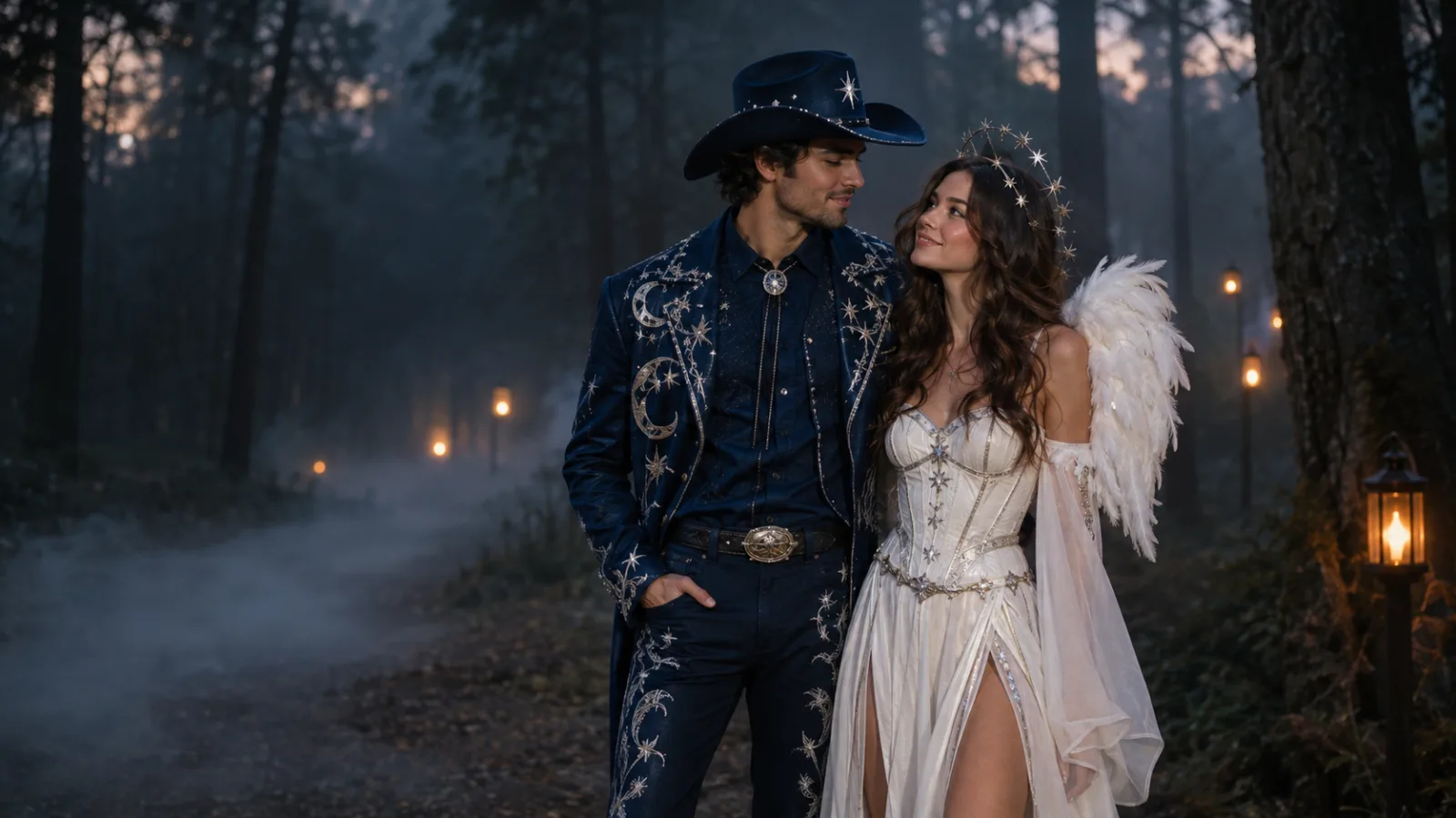 A couple in coordinated celestial cowboy and angel-inspired costumes standing on a foggy forest path at twilight.