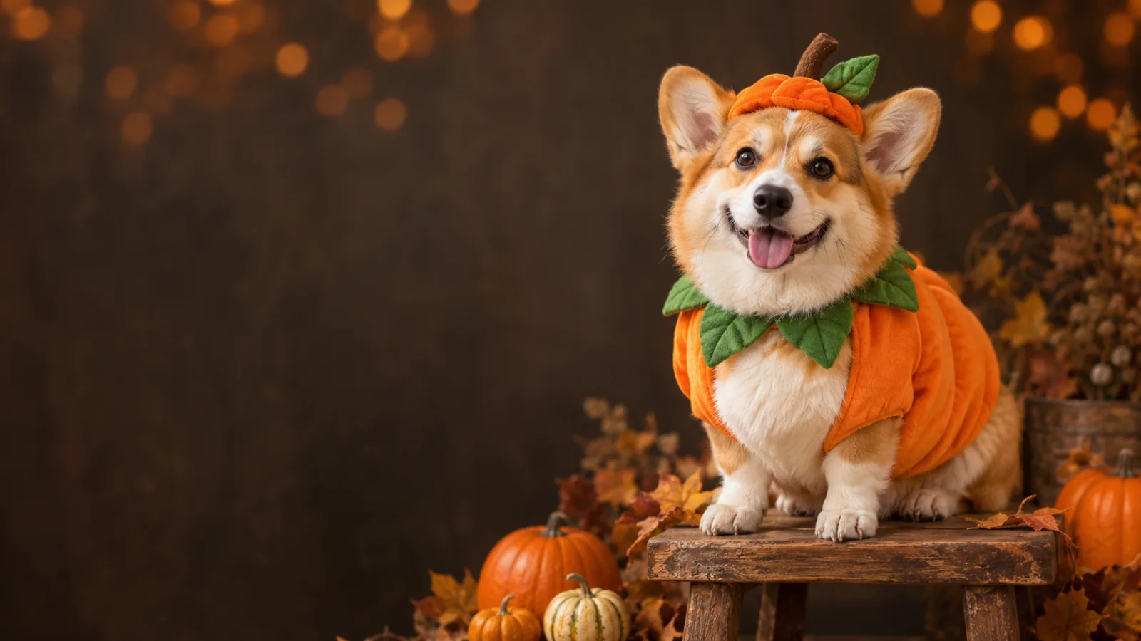 A corgi in a soft pumpkin costume sitting on a wooden stool in a warm autumn studio.