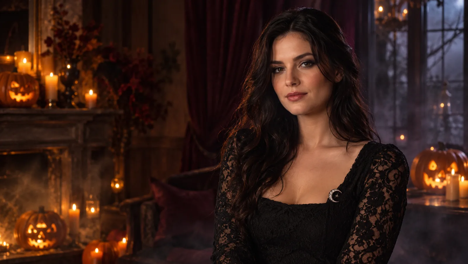 A moody Halloween portrait with warm pumpkin light and dark lace, showing the kind of background and makeup edit an AI photo editor can produce.