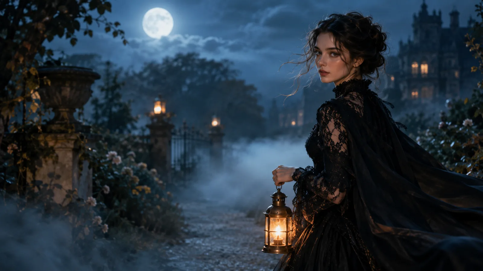 A cinematic Halloween film still of a woman in black lace walking through a moonlit garden with a lantern and drifting fog.