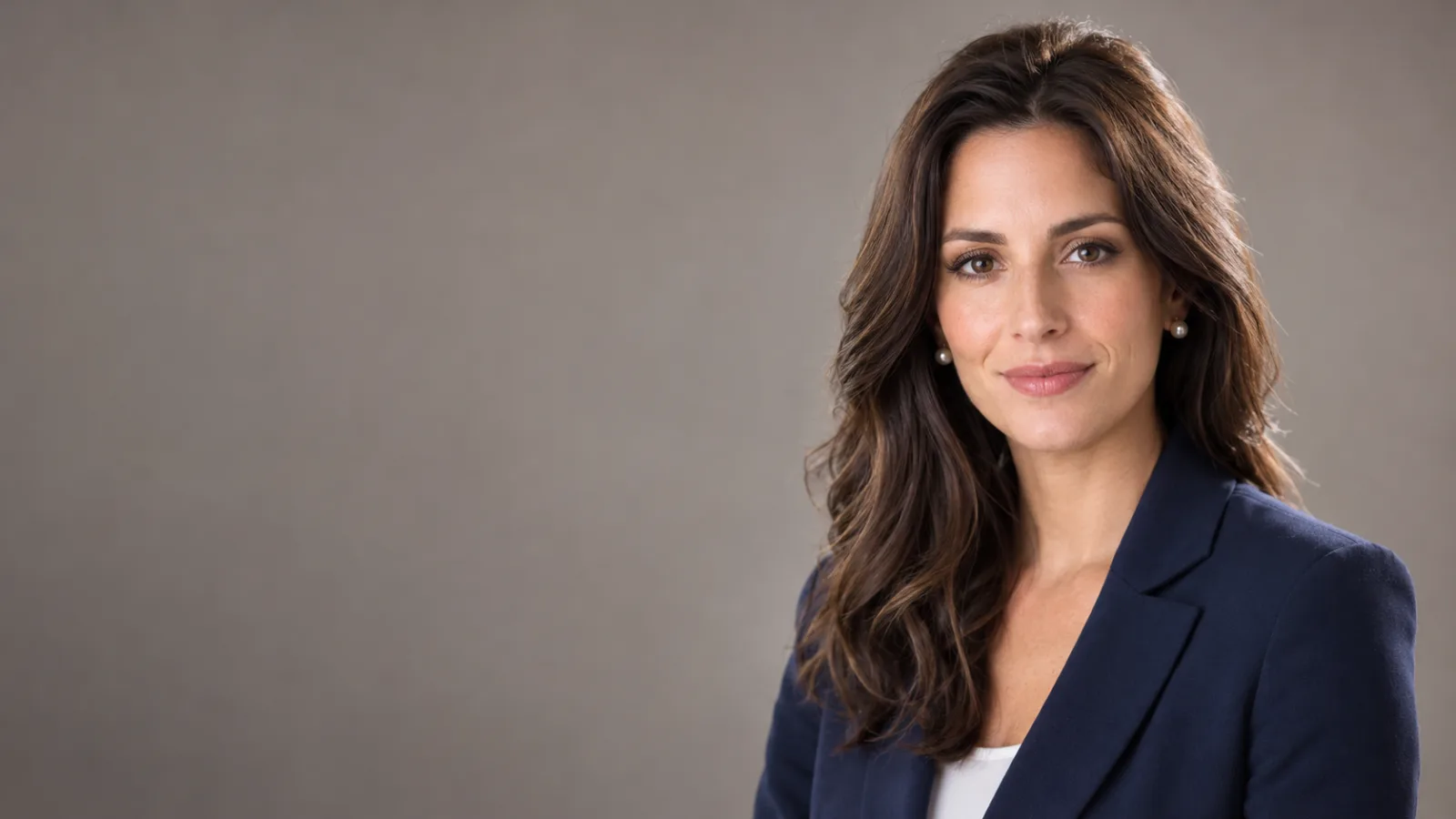 A professional corporate headshot of a woman in a navy blazer against a warm grey studio background.