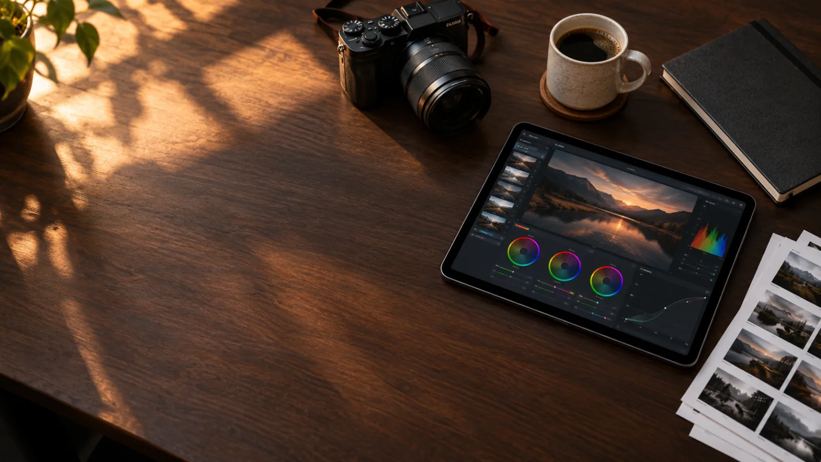 A creative director desk with a tablet showing colour grading controls, a camera, contact sheets and a coffee cup.
