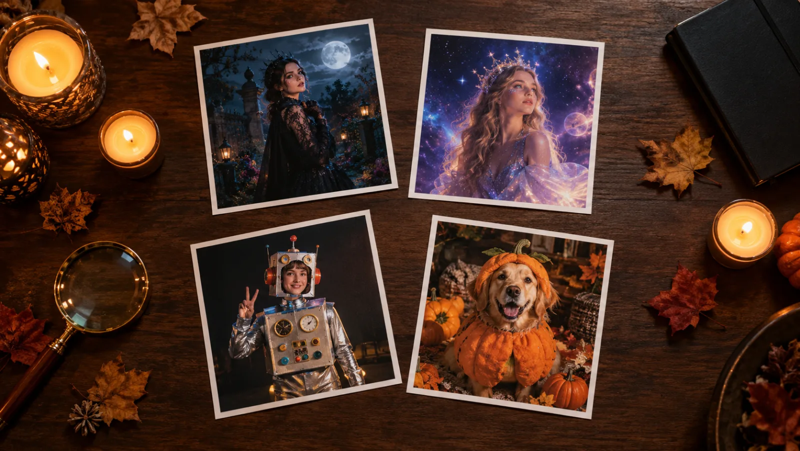 A top-down studio table with four Halloween portrait prints, candles, leaves and a magnifier, representing a curated AI prompt library.